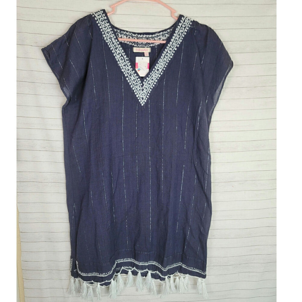 FRESH PRODUCE NAVY BLUE SHIFT DRESS W WHITE TASSLES & DETAIL, SZ XL/XXL
